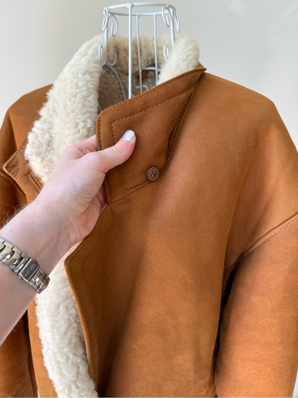 Vintage Shearling Sheepskin Aviator Jacket Tan Leather Coat Size S Oversized - Picture 3 of 8